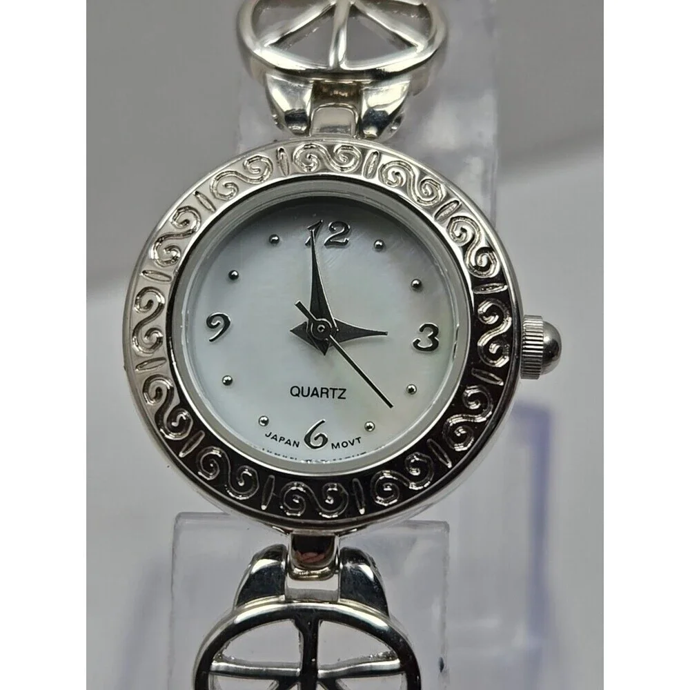 Avon Green Cabochon Oval Link Bracelet Watch Silver Tone Quartz New Battery